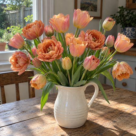 Illustrative Apricot Glow tulip collection — vase arrangement
