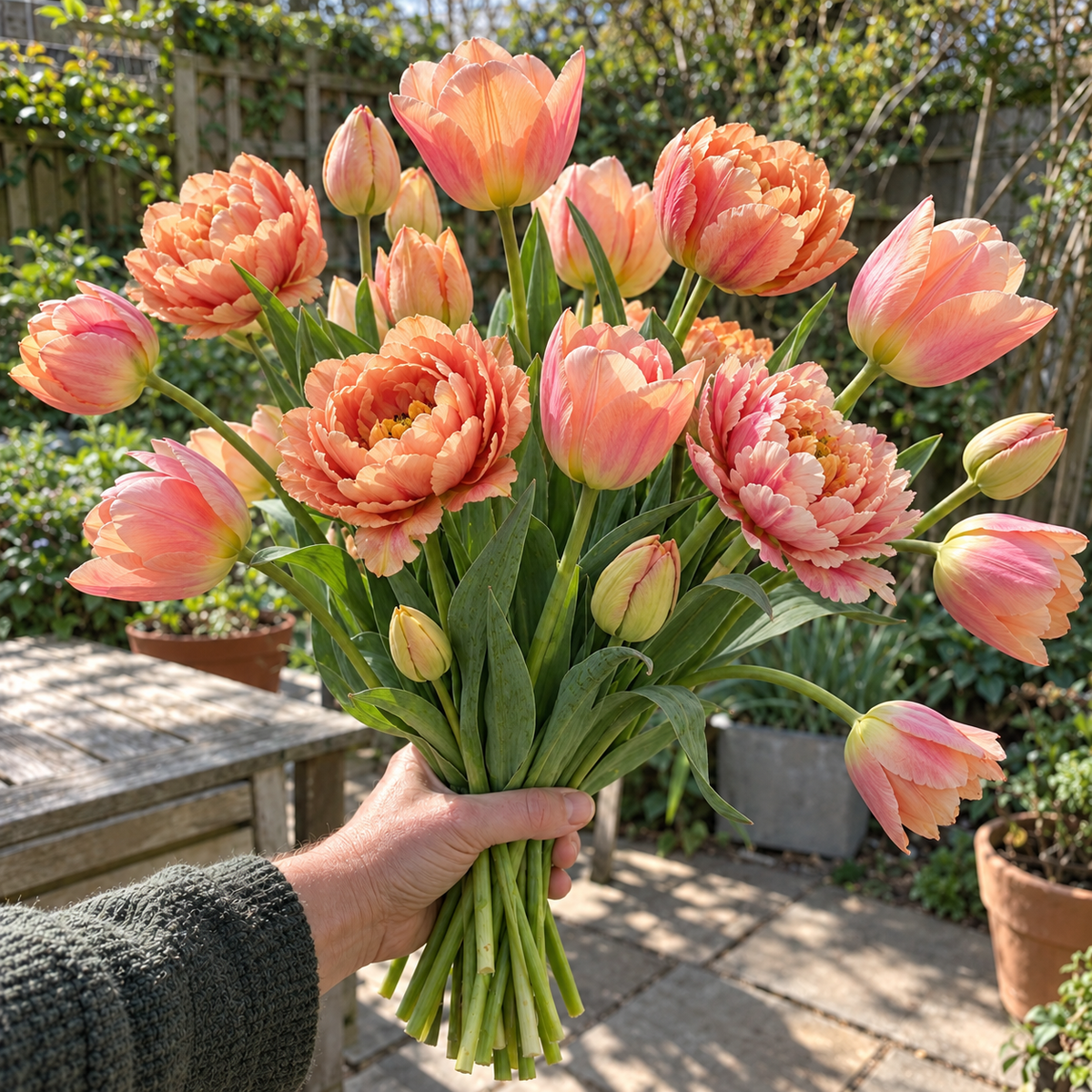 Illustrative Apricot Glow tulip collection — held bouquet
