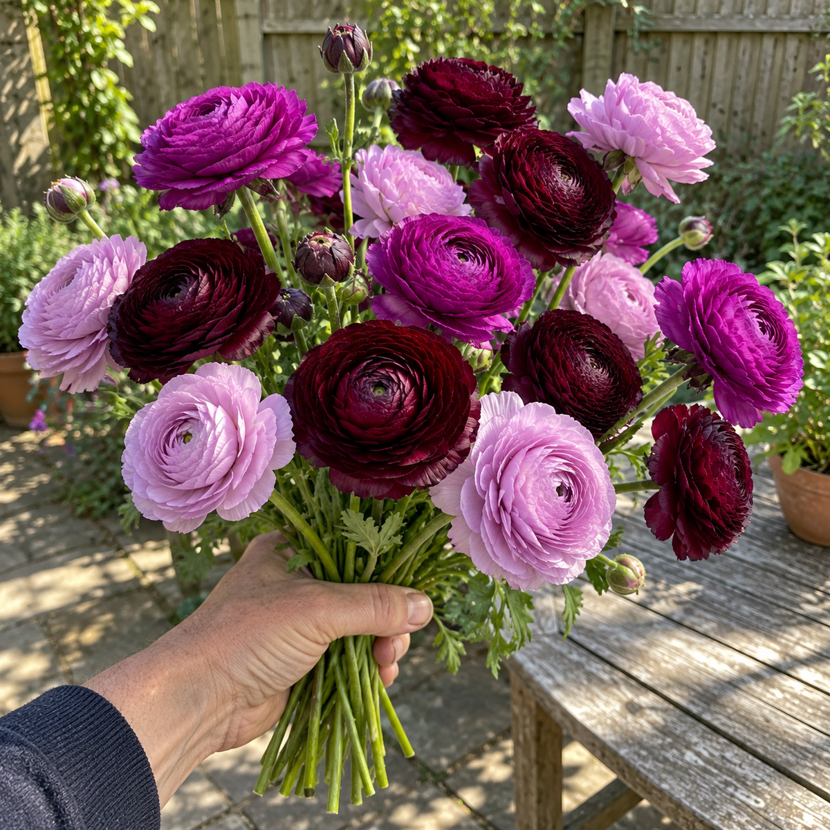 Illustrative Blackberry Velvet — Ranunculus Collection — held bouquet or vase