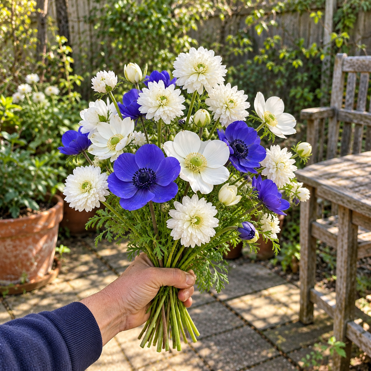Illustrative Blue & Bridal — Anemone Collection — held bouquet or vase