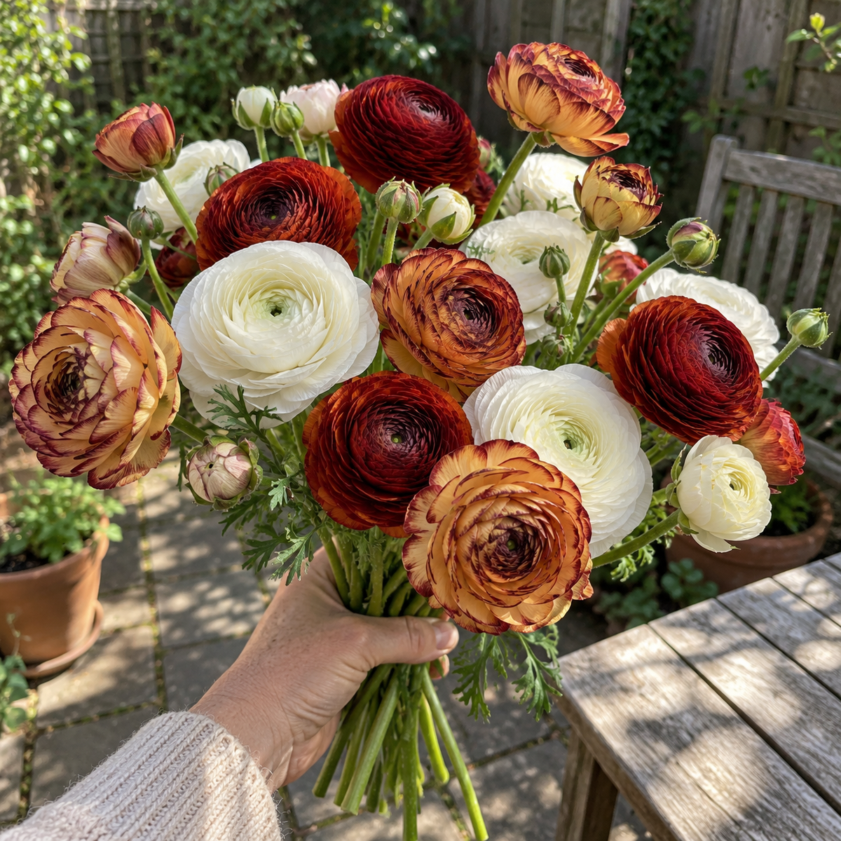 Illustrative Coffee & Cream — Ranunculus Collection — held bouquet or vase