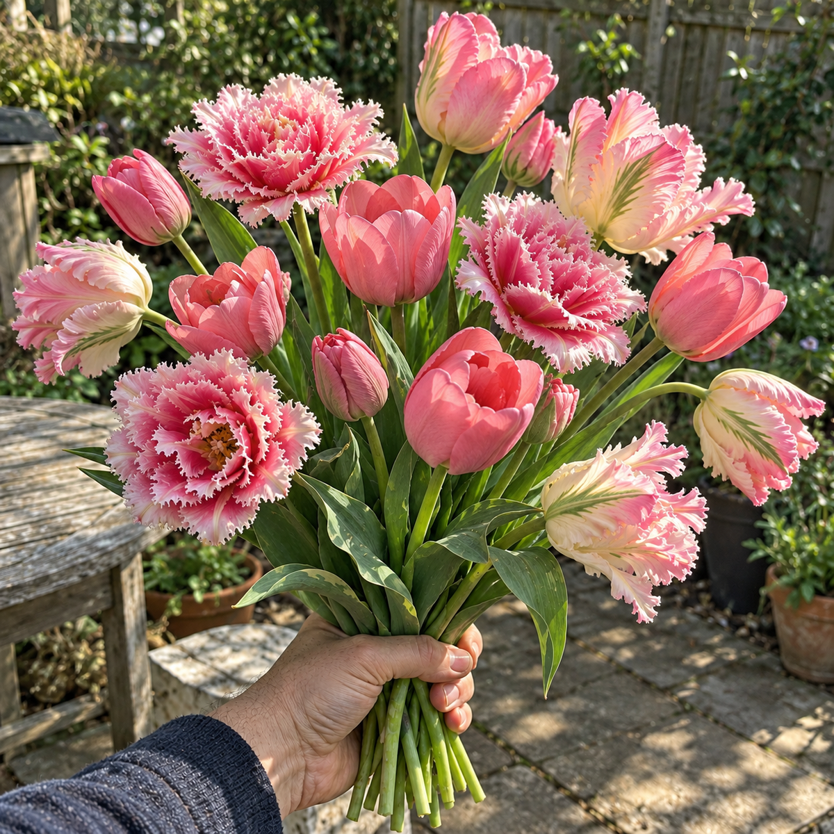 Illustrative Pink Champagne tulip collection — held bouquet