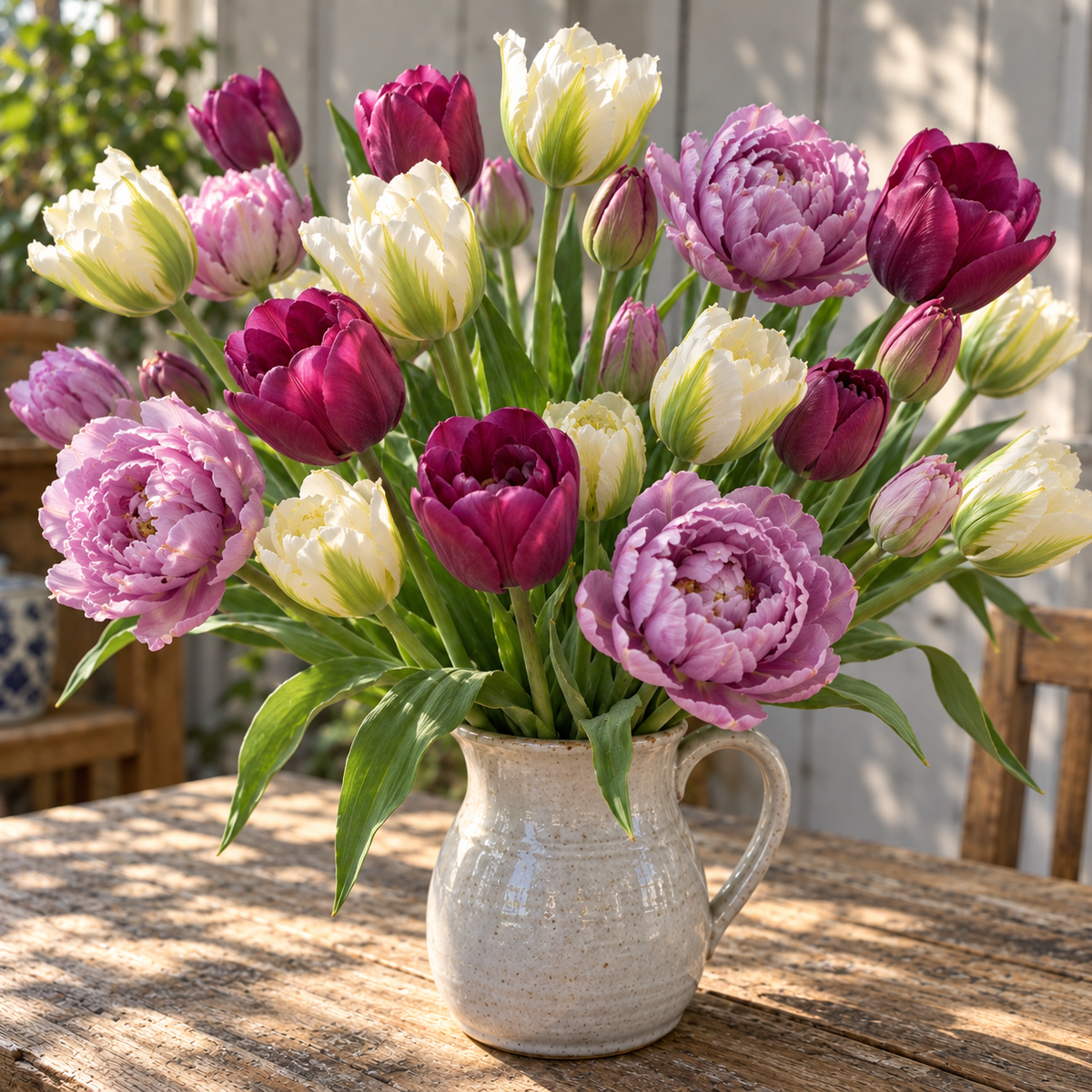 Illustrative Plum and Pearl tulip collection — vase arrangement