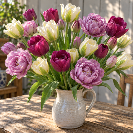 Illustrative Plum and Pearl tulip collection — vase arrangement