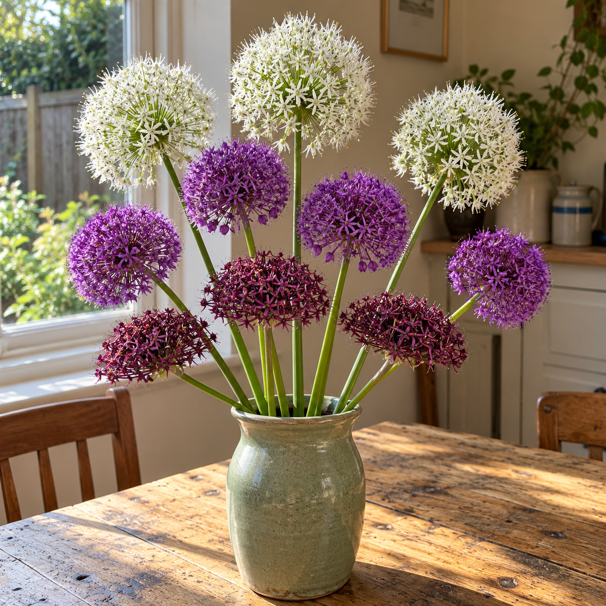 Illustrative Purple & Snow — Allium Collection — held bouquet or vase