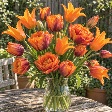Illustrative Sunset Silk tulip collection — vase arrangement