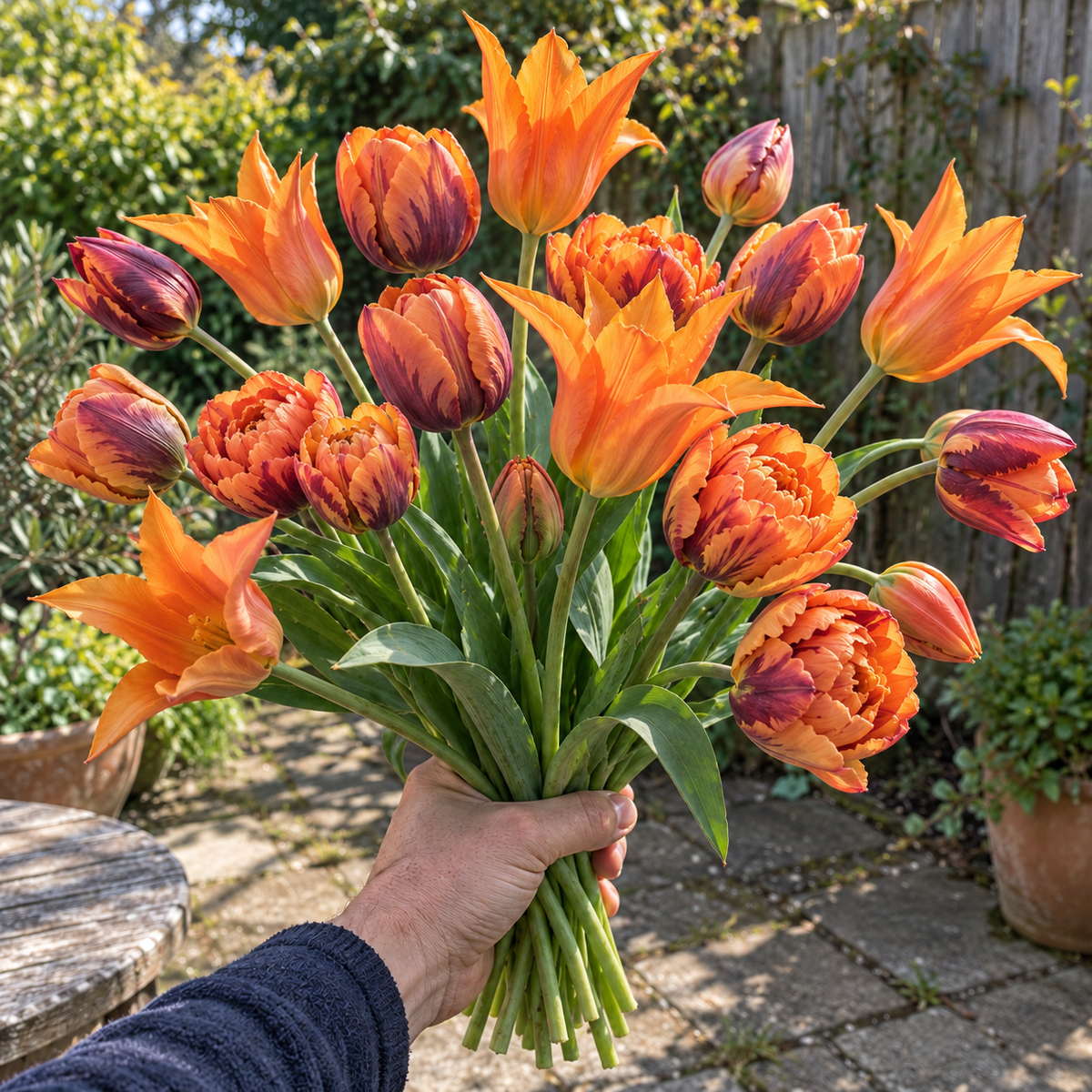 Illustrative Sunset Silk tulip collection — held bouquet