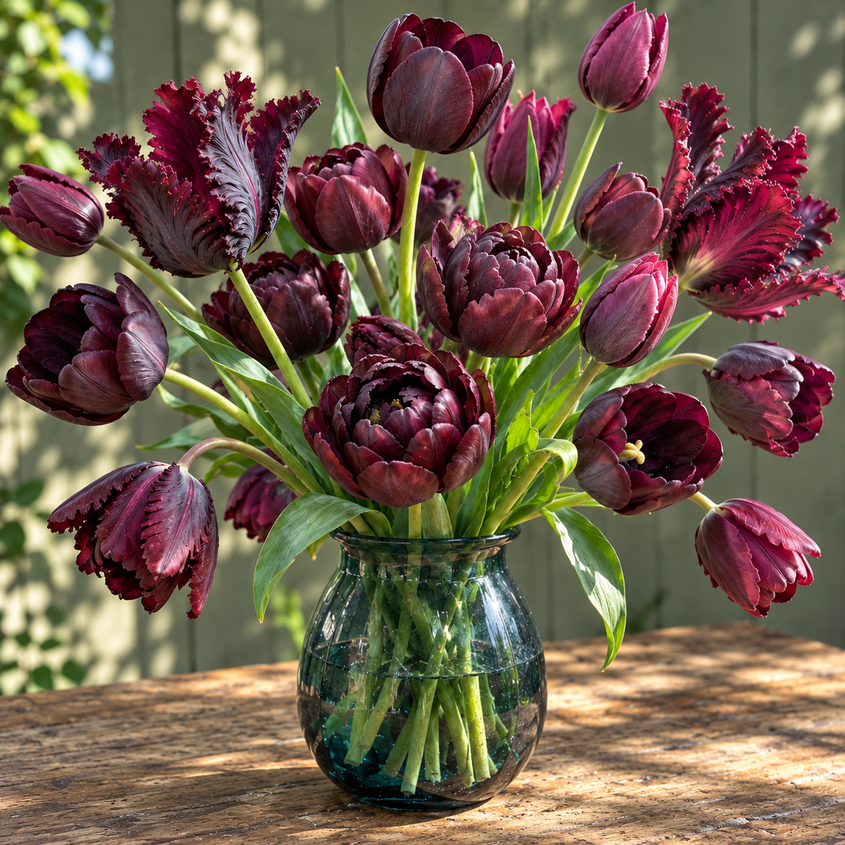 Illustrative Velvet After Dark tulip collection — vase arrangement
