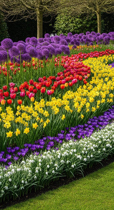 Colorful flower bed with tulips, daffodils, and alliums in a garden setting.