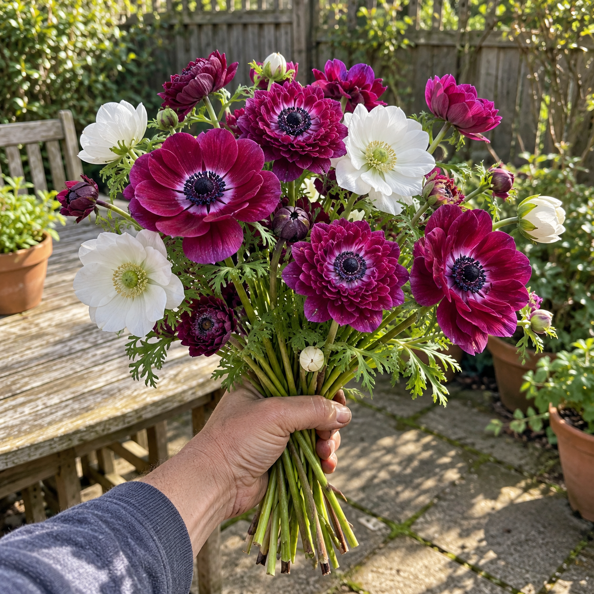 Illustrative Wine & Pearl — Anemone Collection — held bouquet or vase