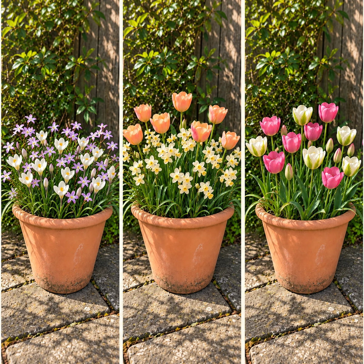 Blush Into Spring illustrated collage of early, middle and late spring pot displays