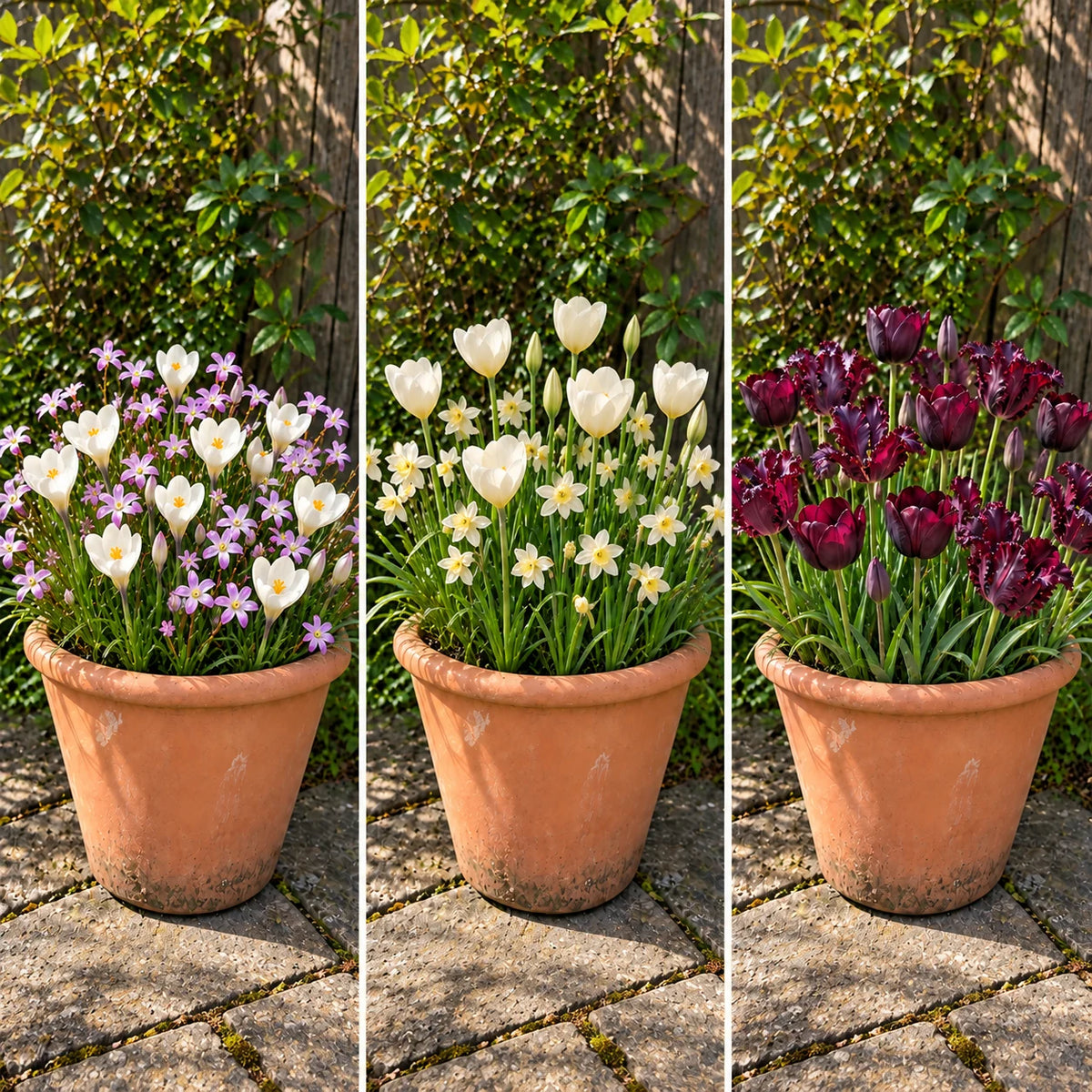 Spring in Three Acts illustrated collage of early, middle and late spring pot displays