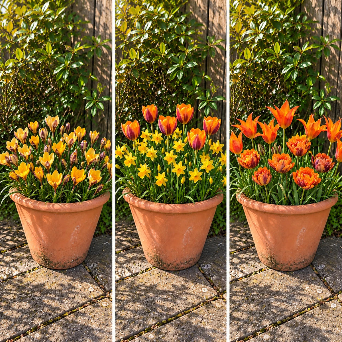 Little Pot of Sunshine illustrated collage of early, middle and late spring pot displays