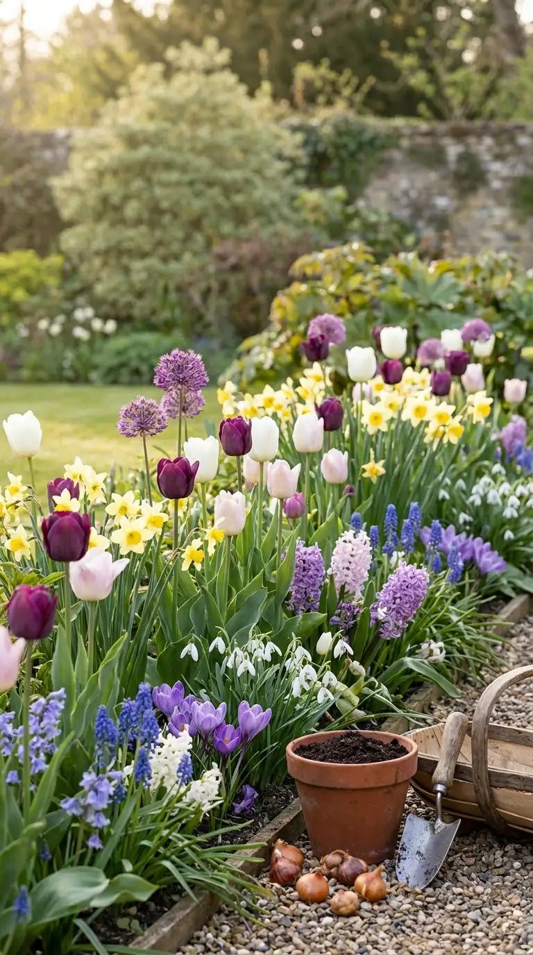 Luxury British spring garden planted with tulips, narcissus, alliums, hyacinths and snowdrops