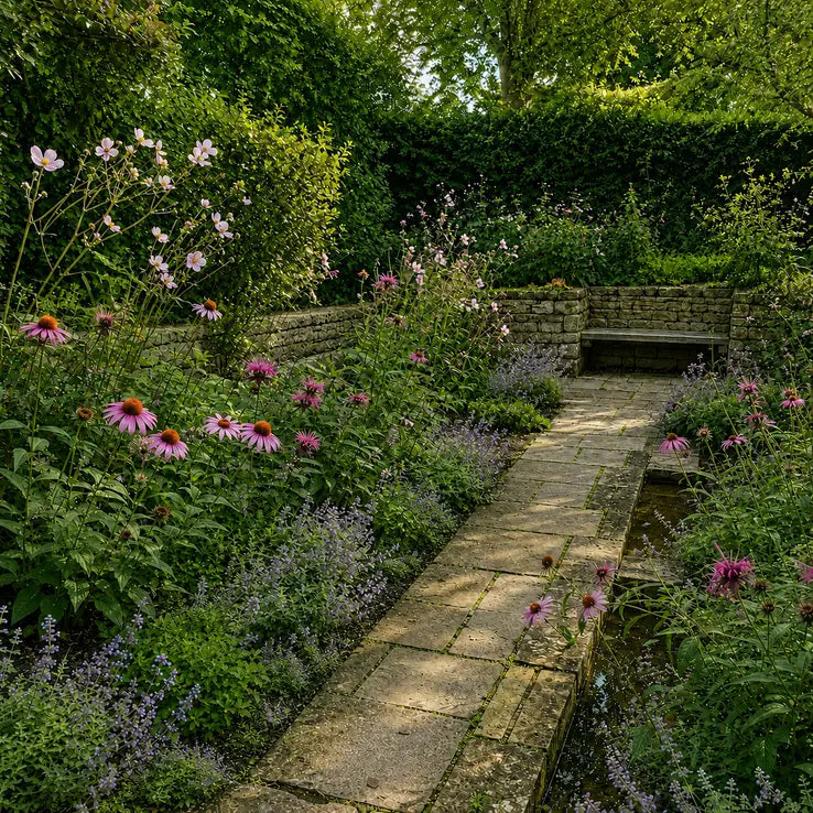 Square garden view of the pollinator border surrounding a stone path