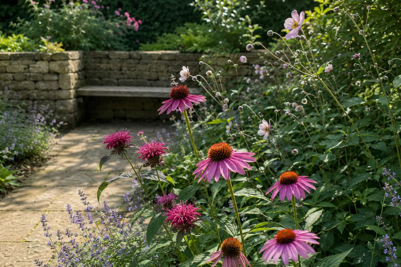 Long-Summer Pollinator Border beside a garden path with echinacea, monarda, nepeta and Japanese anemones