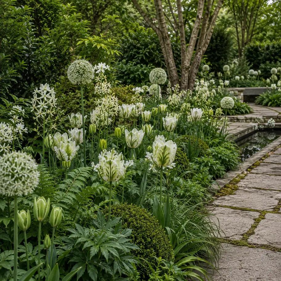 The complete White and Green Spring Border with tulips, camassia and white alliums