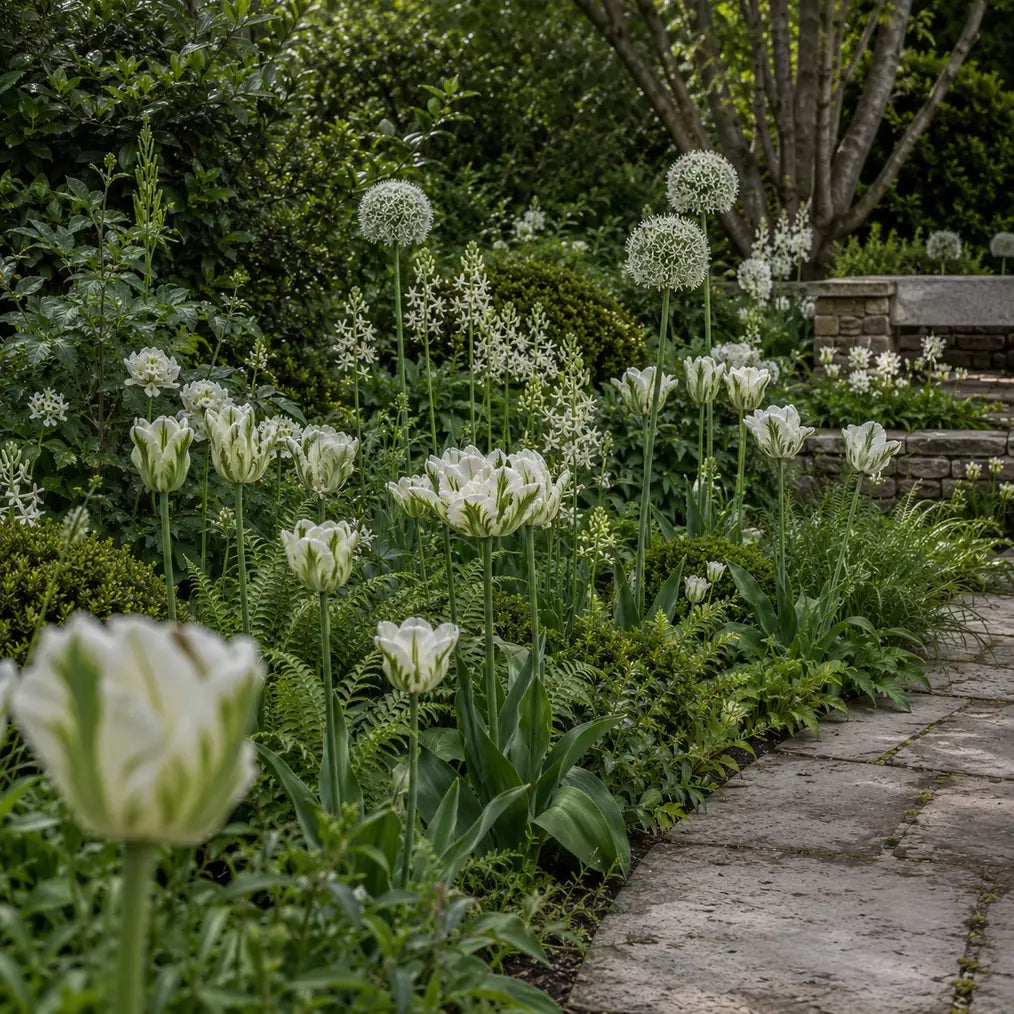 Wide border view showing repeated white flowers through fresh green foliage