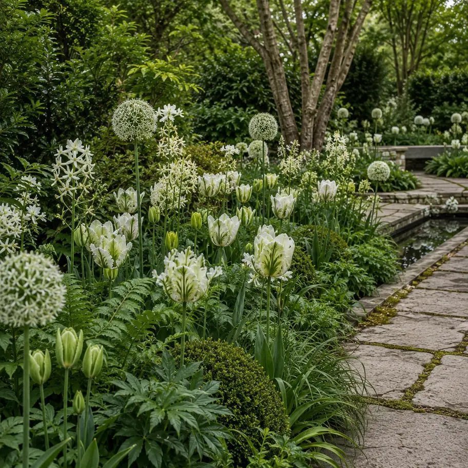 The complete White and Green Spring Border with tulips, camassia and white alliums